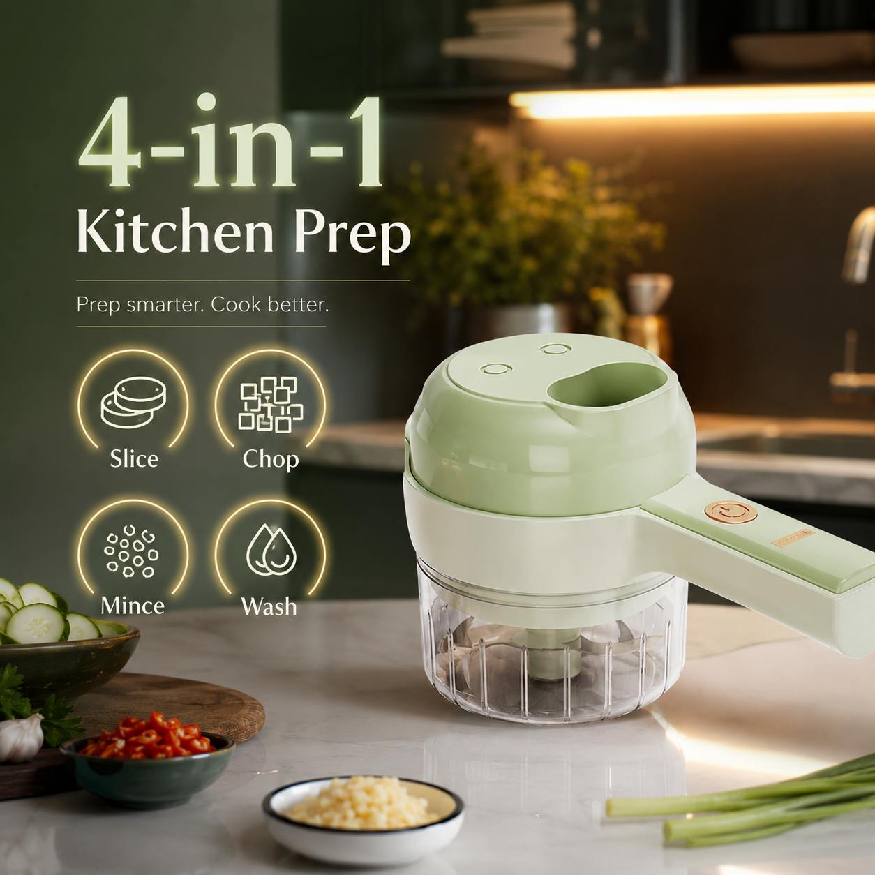 Rechargeable 4 in 1 Electric Vegetable Cutter, Slicer, Chopper, Grinder & Peeler