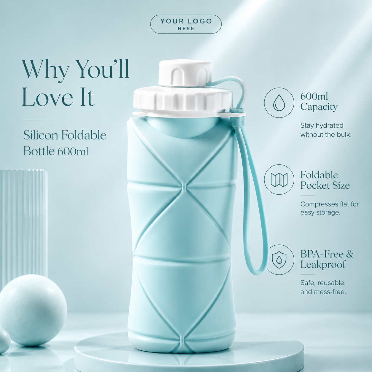 Silicone Foldable Water Bottle 600ml – Portable Travel Collapsible Bottle for Gym, Office & Outdoor Use