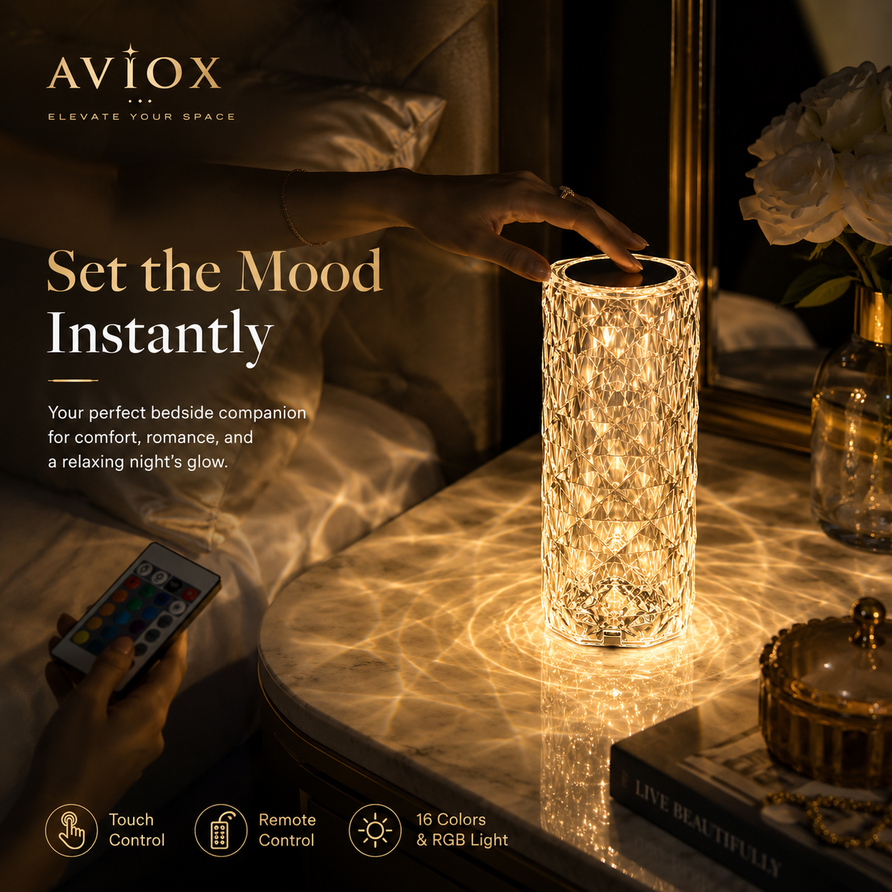16 Colors Diamond Rose Crystal Touch Lamp – USB Rechargeable Acrylic Bedside Table Lamp with Remote