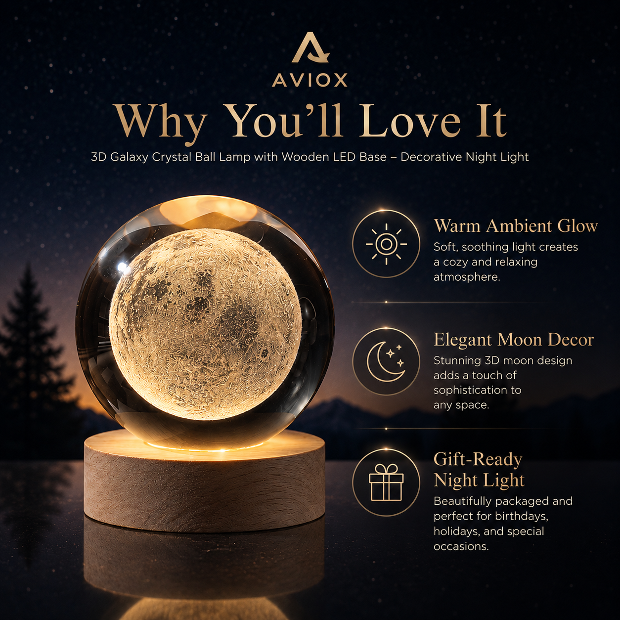 3D Moon Galaxy Crystal Ball Lamp with Wooden LED Base – Decorative Night Light