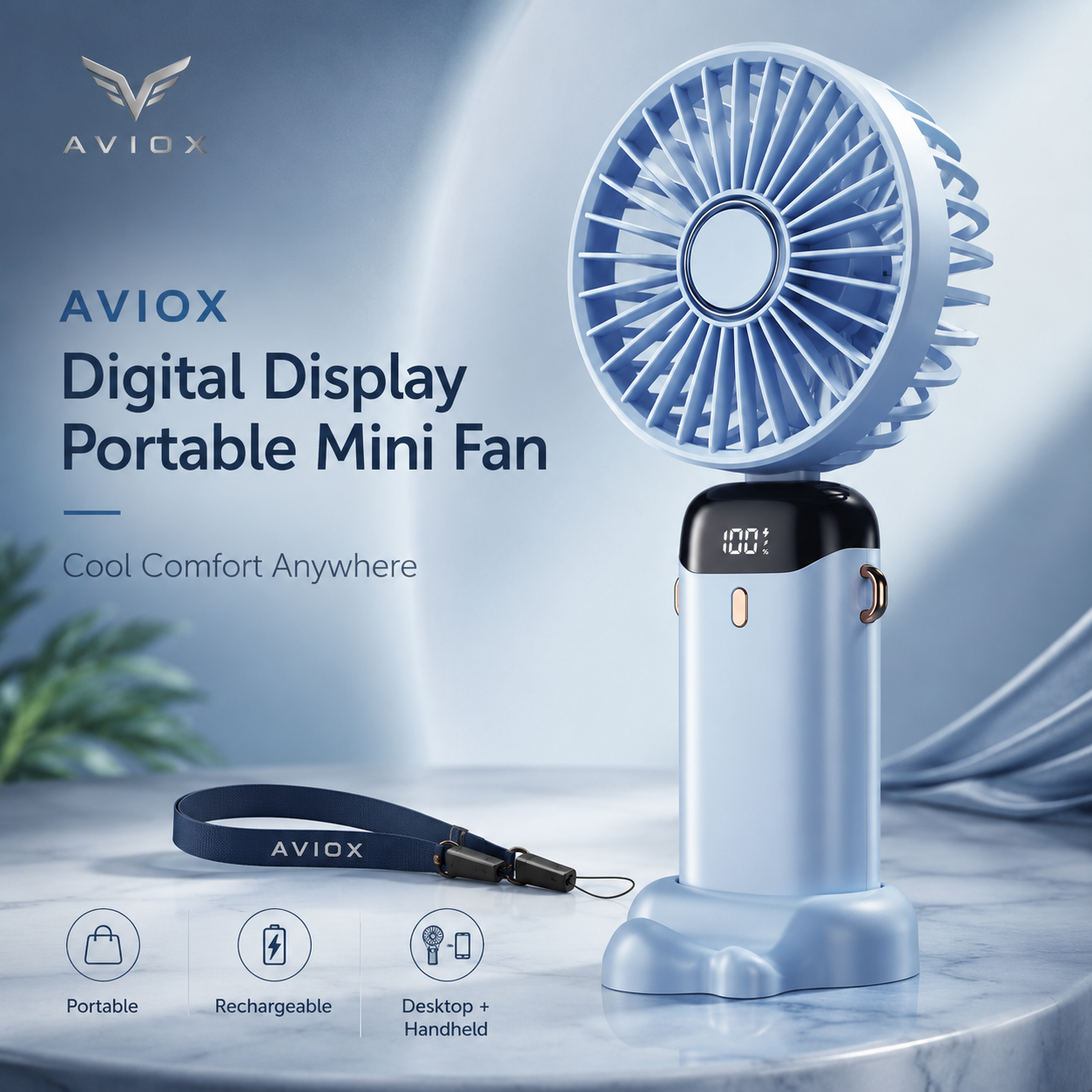 Digital Display Portable Mini Fan – Rechargeable Handheld Cooling Fan with Battery Display