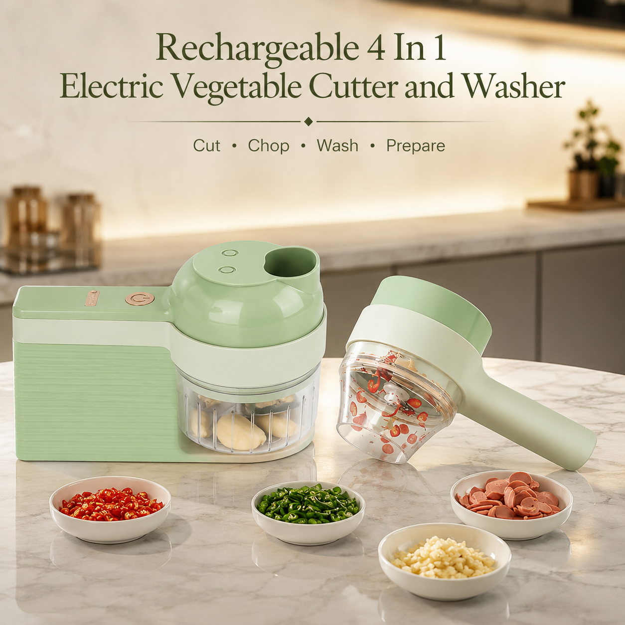 Rechargeable 4 in 1 Electric Vegetable Cutter, Slicer, Chopper, Grinder & Peeler