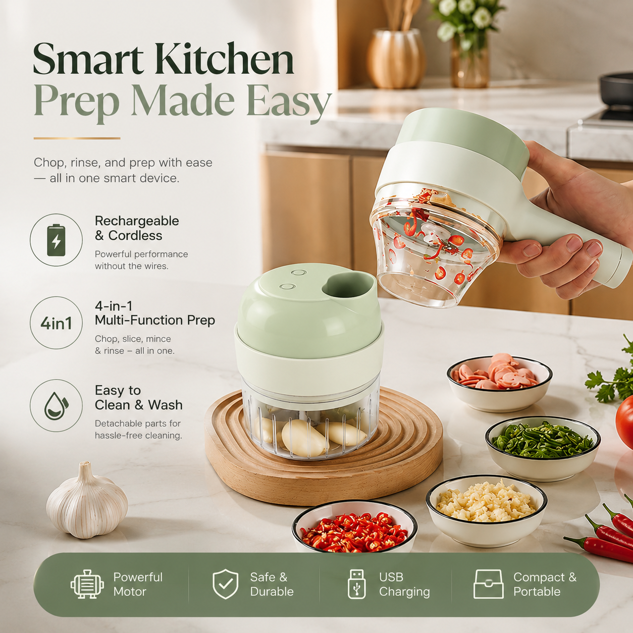Rechargeable 4 in 1 Electric Vegetable Cutter, Slicer, Chopper, Grinder & Peeler