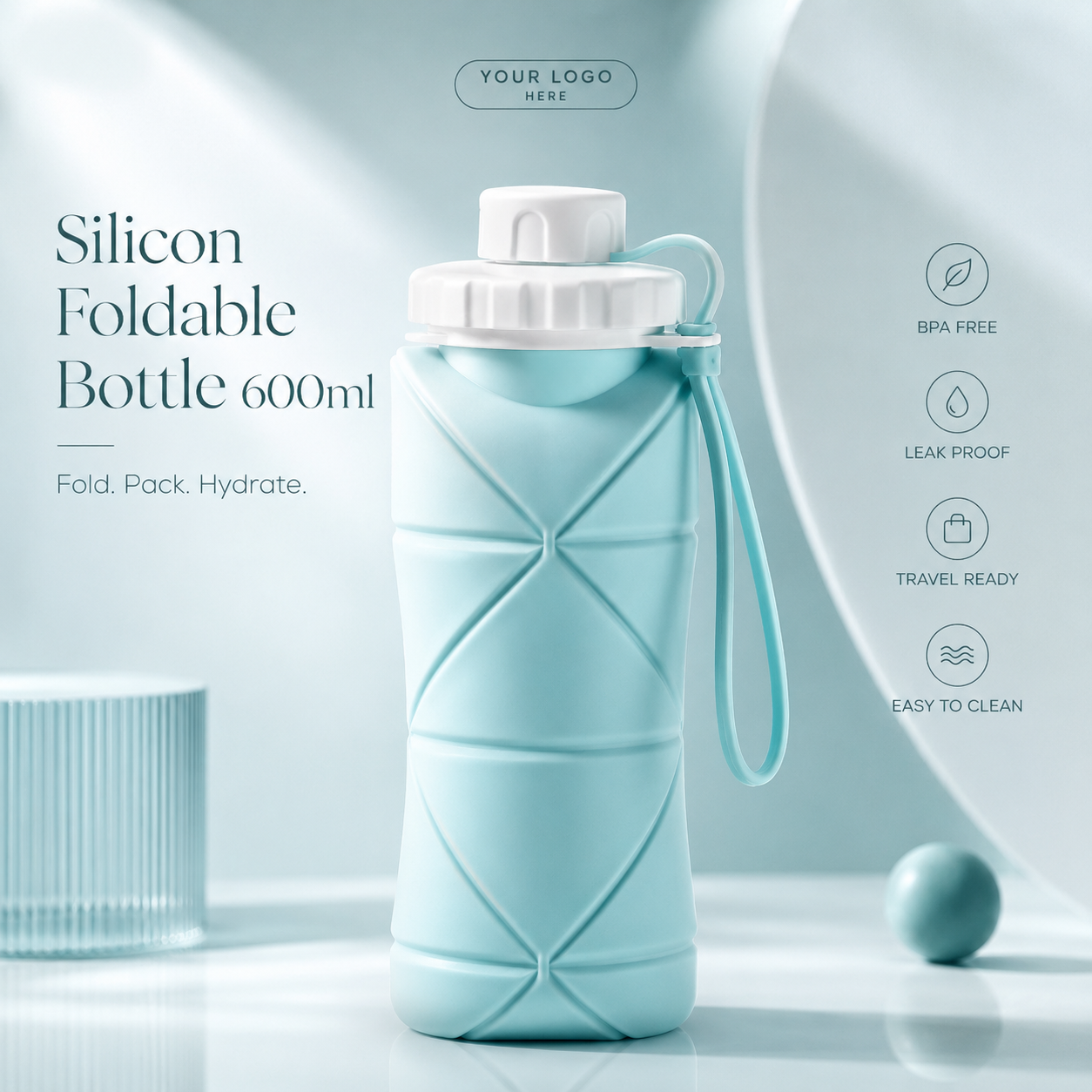 Silicone Foldable Water Bottle 600ml – Portable Travel Collapsible Bottle for Gym, Office & Outdoor Use