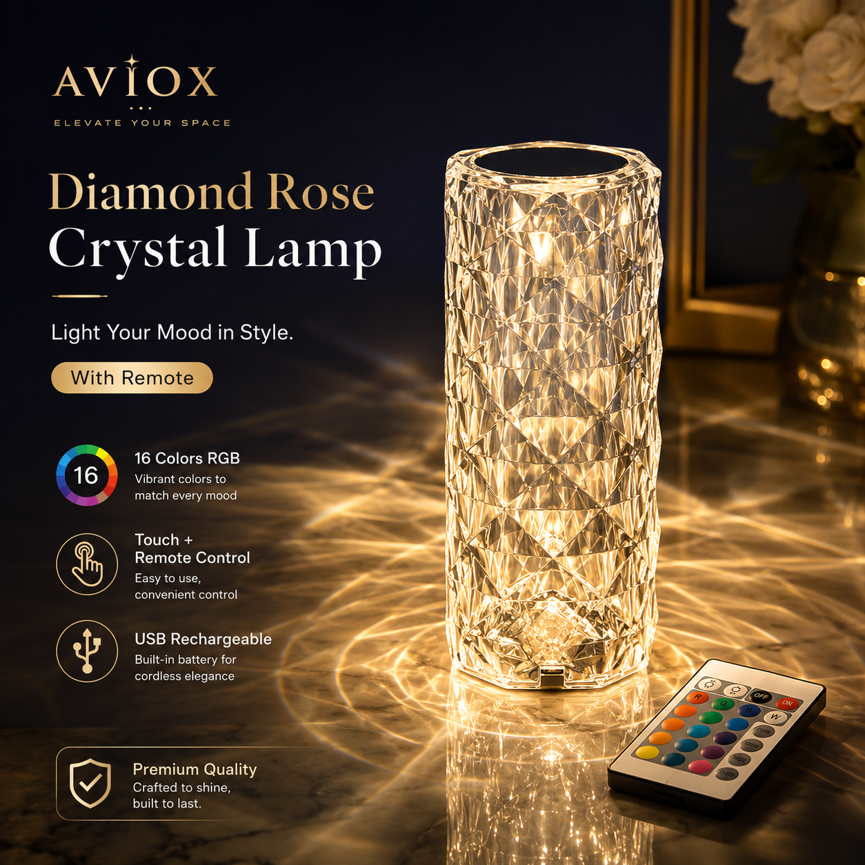 16 Colors Diamond Rose Crystal Touch Lamp – USB Rechargeable Acrylic Bedside Table Lamp with Remote