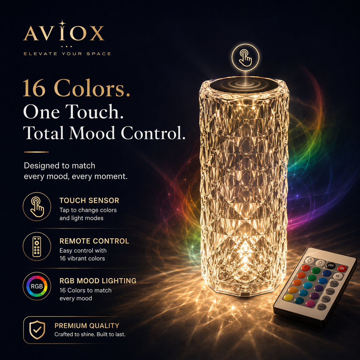 16 Colors Diamond Rose Crystal Touch Lamp – USB Rechargeable Acrylic Bedside Table Lamp with Remote