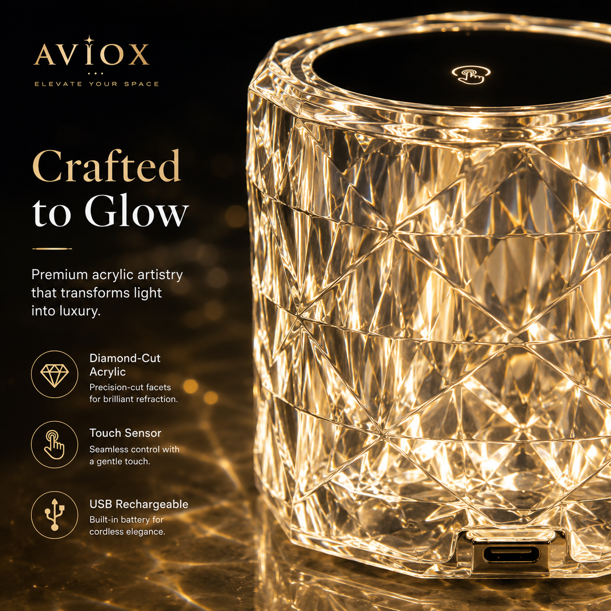 16 Colors Diamond Rose Crystal Touch Lamp – USB Rechargeable Acrylic Bedside Table Lamp with Remote