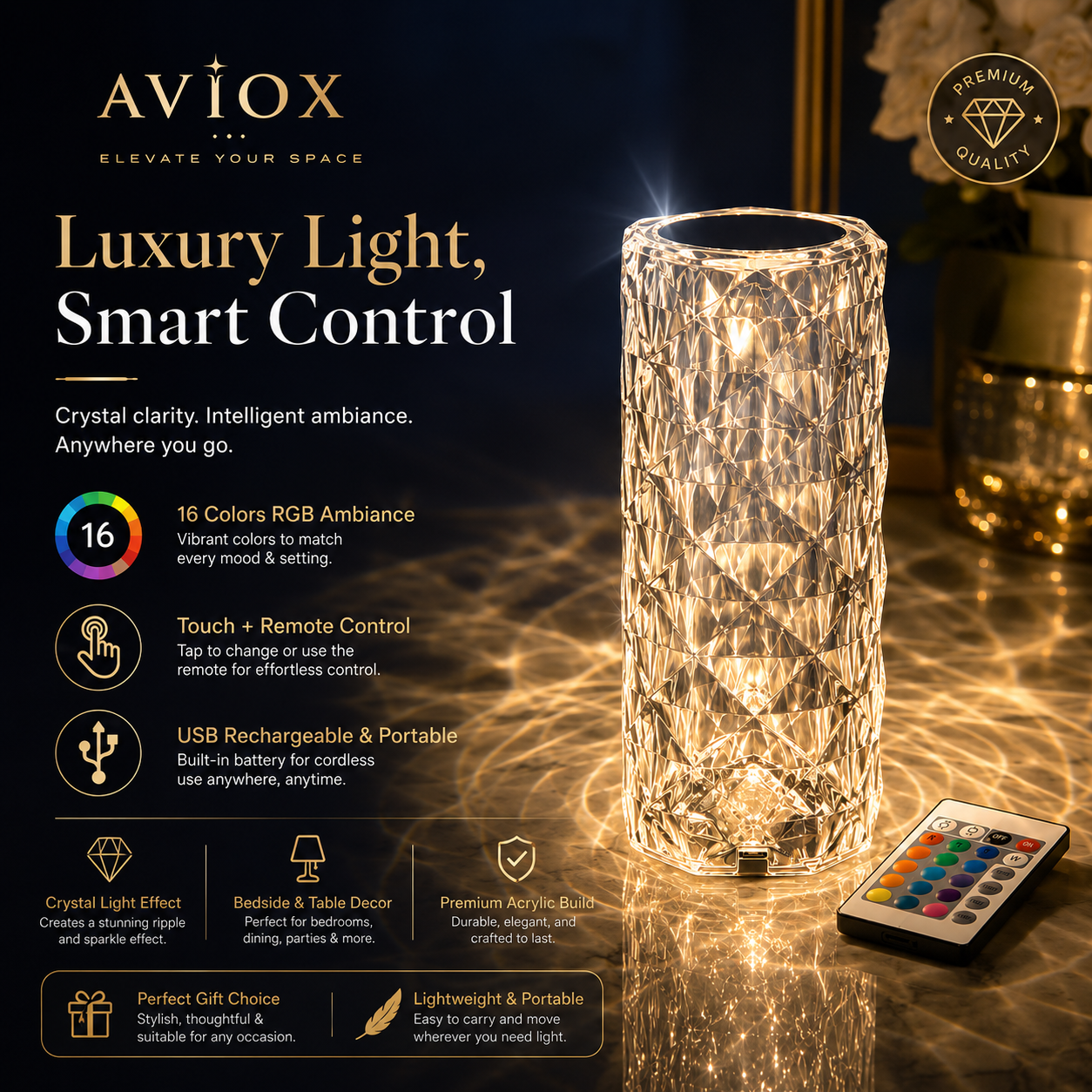 16 Colors Diamond Rose Crystal Touch Lamp – USB Rechargeable Acrylic Bedside Table Lamp with Remote