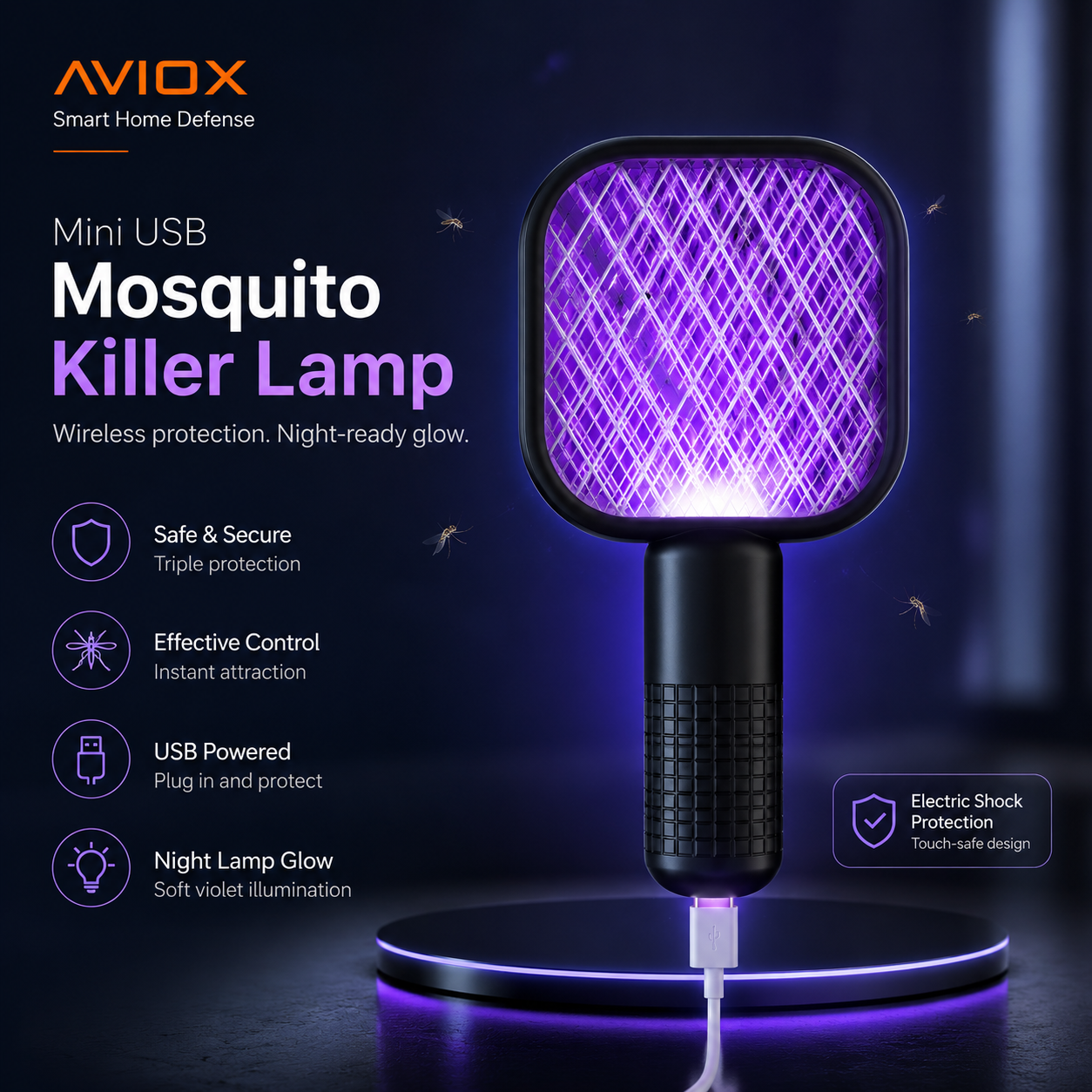 Electric Mini USB Mosquito Killer Racquet Lamp – Wireless Rechargeable Night Light & Insect Catcher