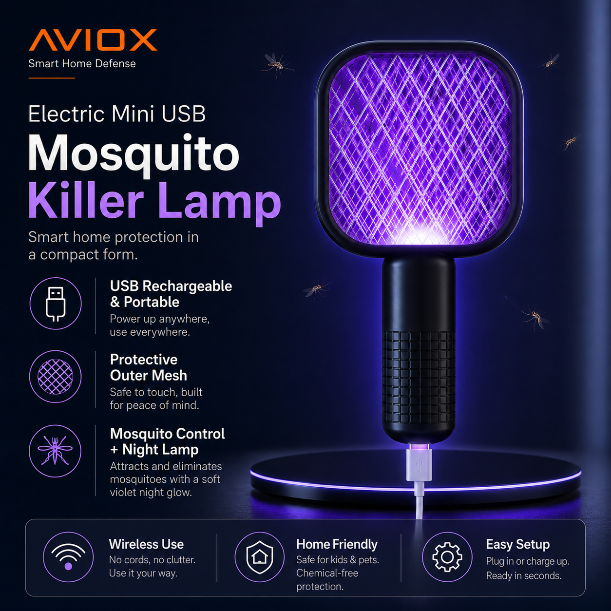 Electric Mini USB Mosquito Killer Racquet Lamp – Wireless Rechargeable Night Light & Insect Catcher
