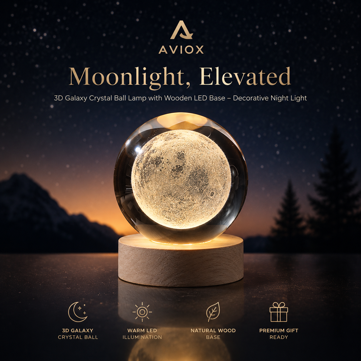 3D Moon Galaxy Crystal Ball Lamp with Wooden LED Base – Decorative Night Light