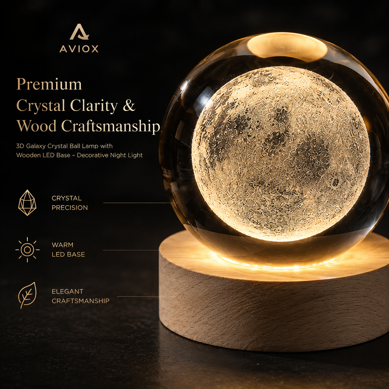 3D Moon Galaxy Crystal Ball Lamp with Wooden LED Base – Decorative Night Light