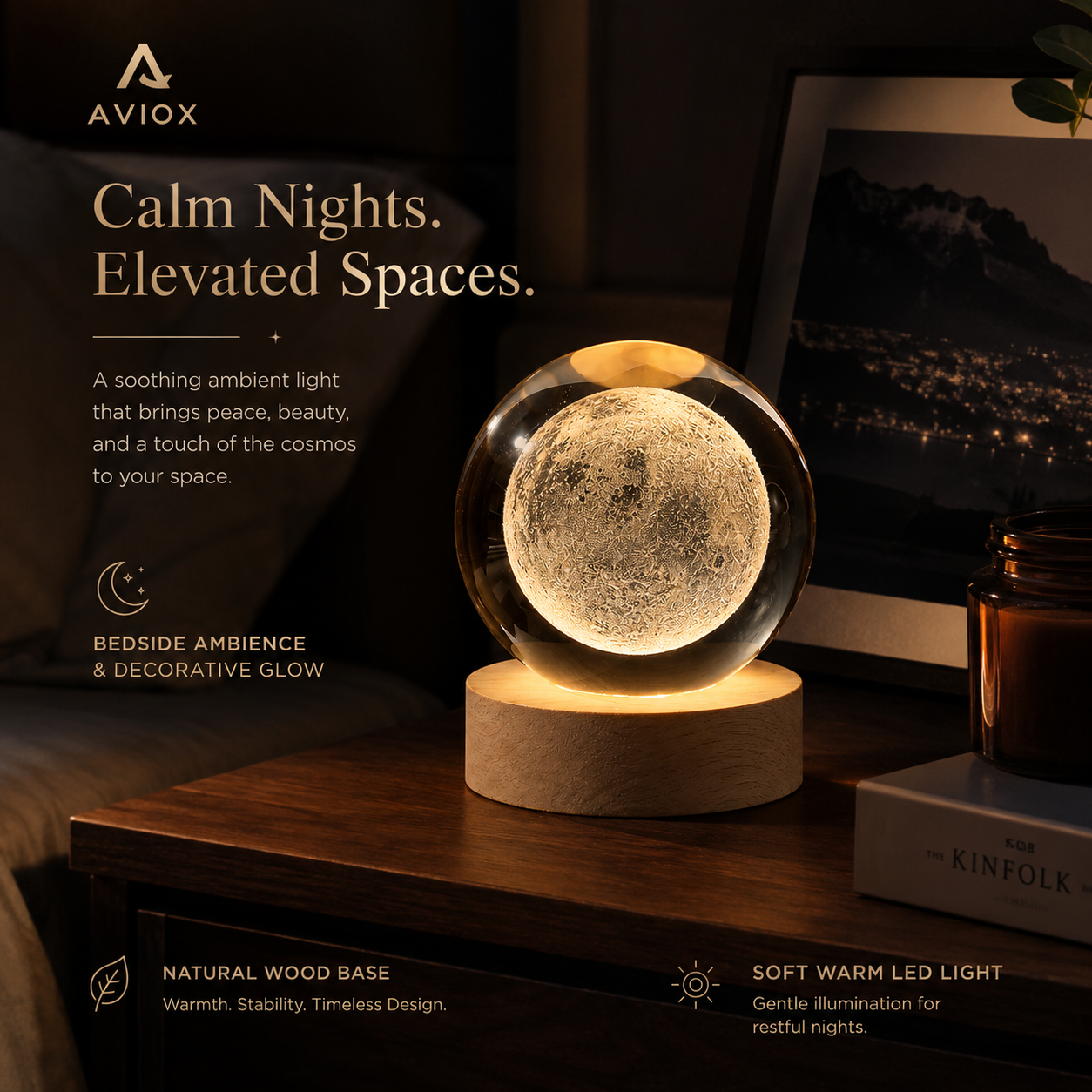 3D Moon Galaxy Crystal Ball Lamp with Wooden LED Base – Decorative Night Light