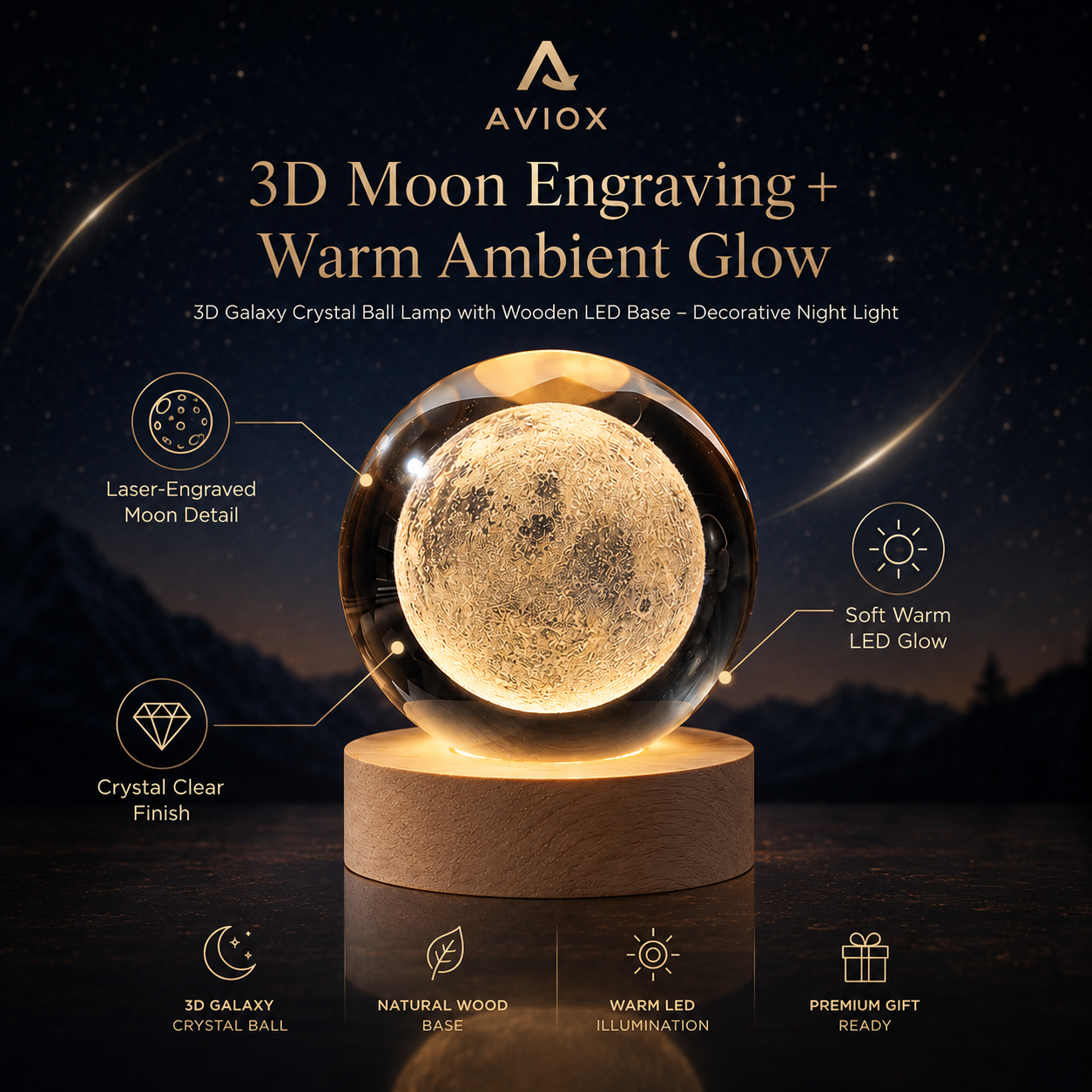 3D Moon Galaxy Crystal Ball Lamp with Wooden LED Base – Decorative Night Light