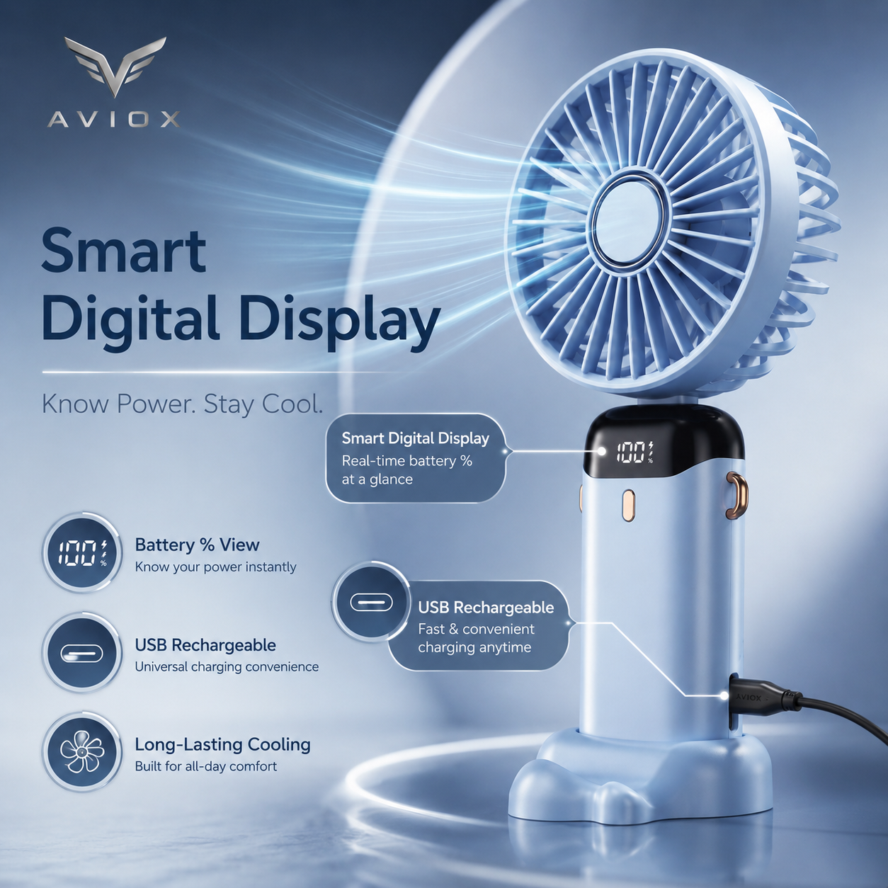Digital Display Portable Mini Fan – Rechargeable Handheld Cooling Fan with Battery Display