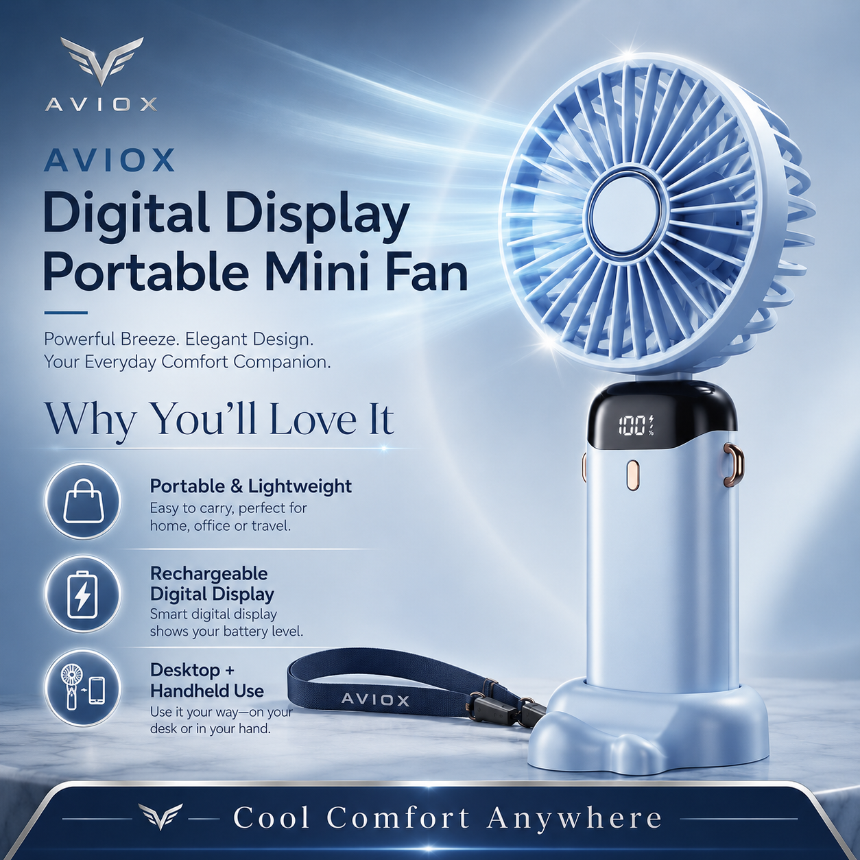 Digital Display Portable Mini Fan – Rechargeable Handheld Cooling Fan with Battery Display