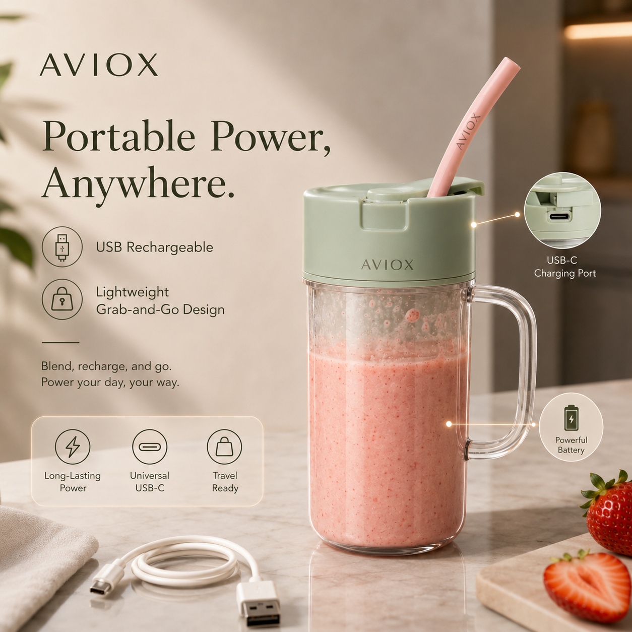 Portable Blender Juicer Cup with Straw – Mug Shaped Cordless Mini Juicer